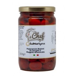 Chilli peppers with artichoke and smoked mullet filling. 1550 g. Jar