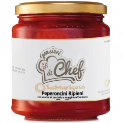 Chilli peppers with artichoke and smoked mullet filling. 280 g. Jar